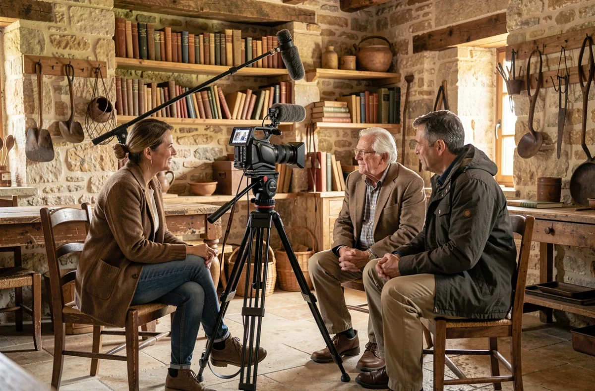 Équipe de tournage documentaire interviewant un habitant âgé dans une ferme en pierre de Nouvelle-Aquitaine