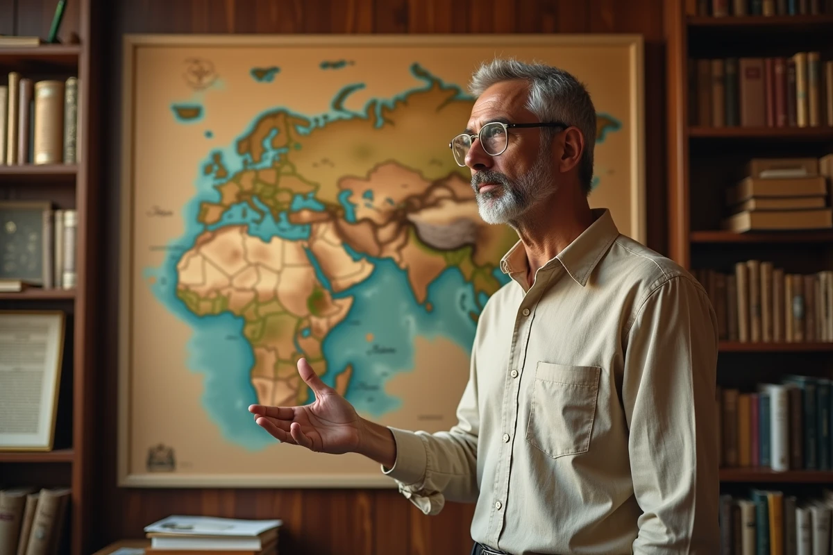 Historien d'âge mûr gesticulant devant une carte du monde arabe dans un bureau universitaire rempli de livres et de documents historiques