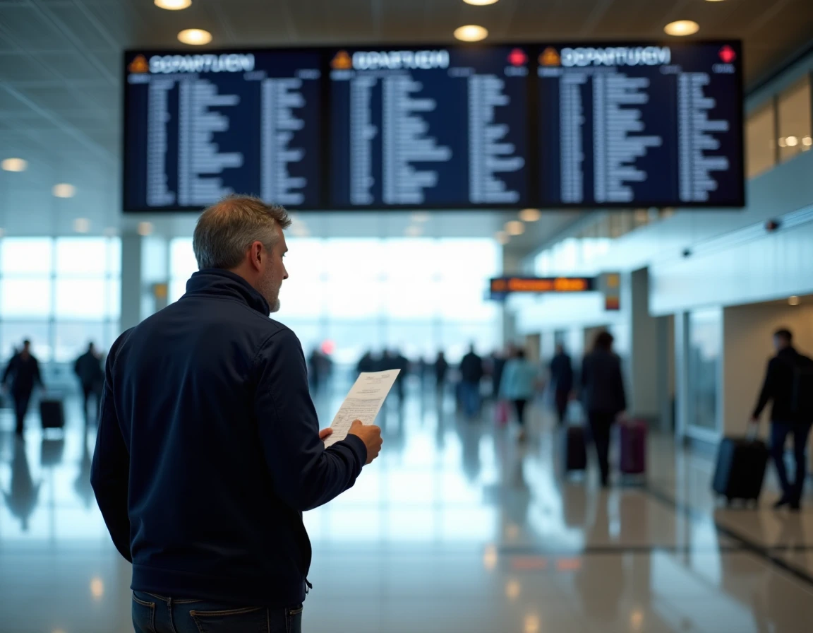 Homme à l'aéroport tenant un billet d'avion avec des horaires AM PM devant un tableau des départs