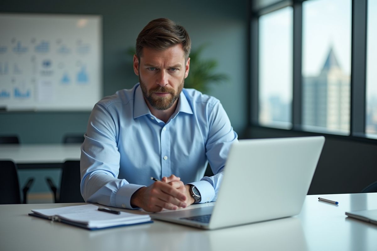 Homme d affaires étudiant ses notes avec son ordinateur en réunion