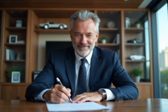 Homme d'affaires en costume signant des documents dans un bureau moderne