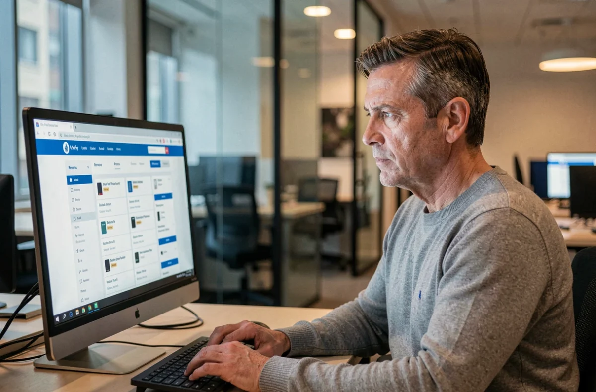 Homme consultant un annuaire inversé sur ordinateur dans un bureau professionnel moderne