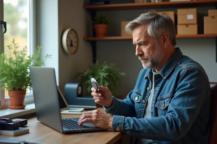 Homme en denim compare des pièces auto dans son bureau