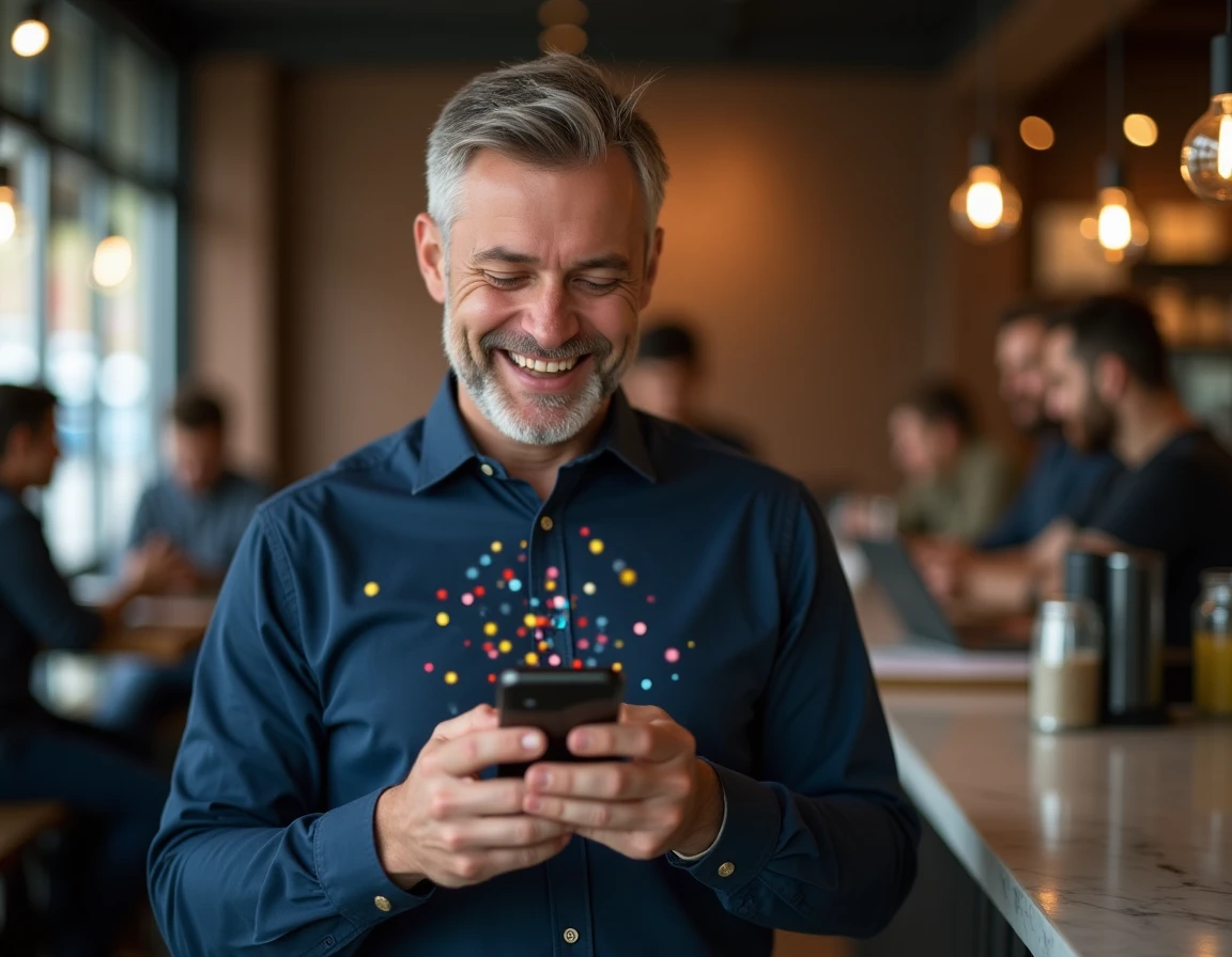 Homme regardant une carte d'anniversaire animée sur son smartphone dans un café moderne avec le sourire