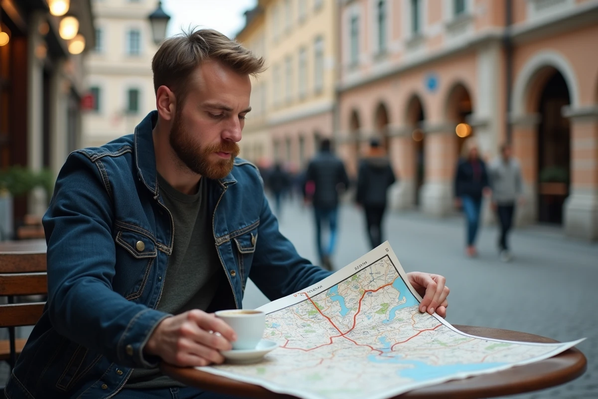 Homme consultant une carte papier des régions allemandes à une terrasse de café en ville