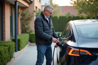Homme d'âge moyen chargeant sa voiture électrique dans une allée moderne