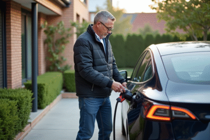 Homme d'âge moyen chargeant sa voiture électrique dans une allée moderne