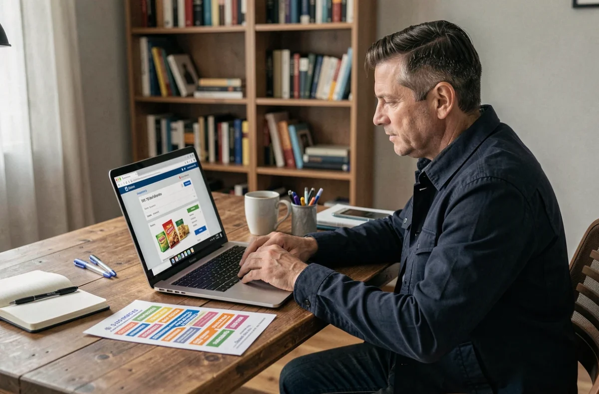 Homme finalisant une commande Carrefour Drive en ligne avec un code promo sur ordinateur portable à son bureau