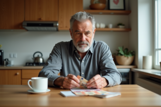 Homme d'âge moyen comptant des billets euros à la cuisine