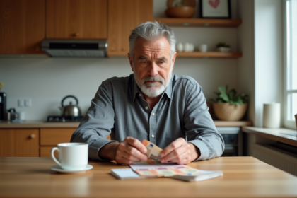 Homme d'âge moyen comptant des billets euros à la cuisine