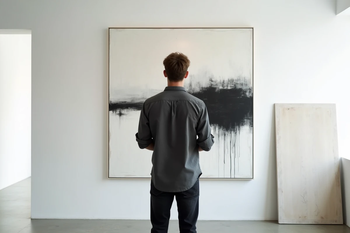 Jeune homme contemplant une grande peinture abstraite en noir et blanc accrochée dans une galerie d'art minimaliste