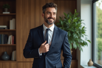 Homme en costume ajusté ajustant sa cravate dans un intérieur moderne