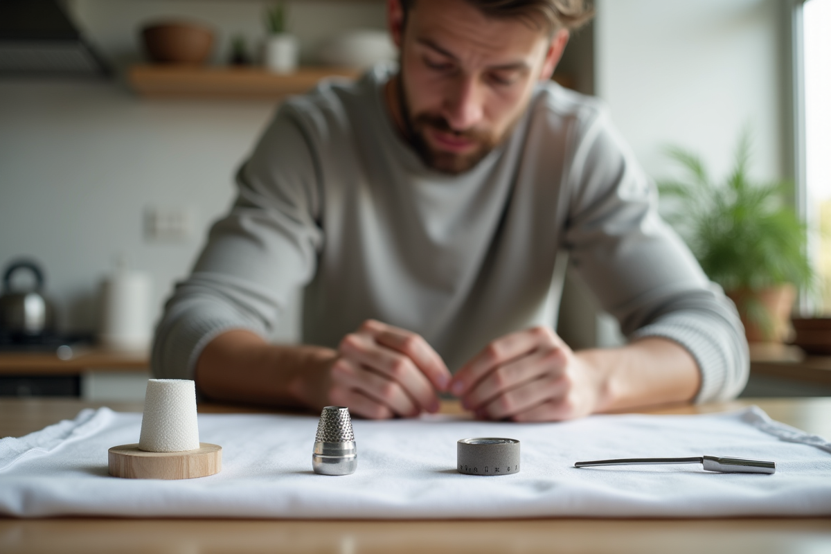 Jeune homme inspectant accessoires de couture sur un plan de travail moderne