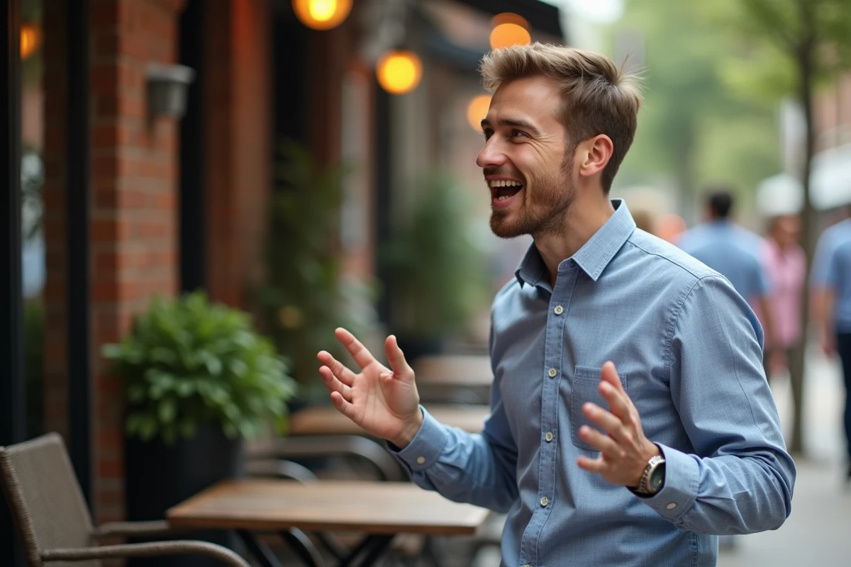 Homme discutant avec un ami au café en extérieur