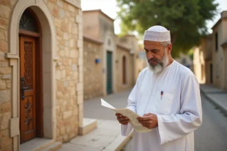 Homme consultant l'horaire de prière devant une mosquée à Béziers