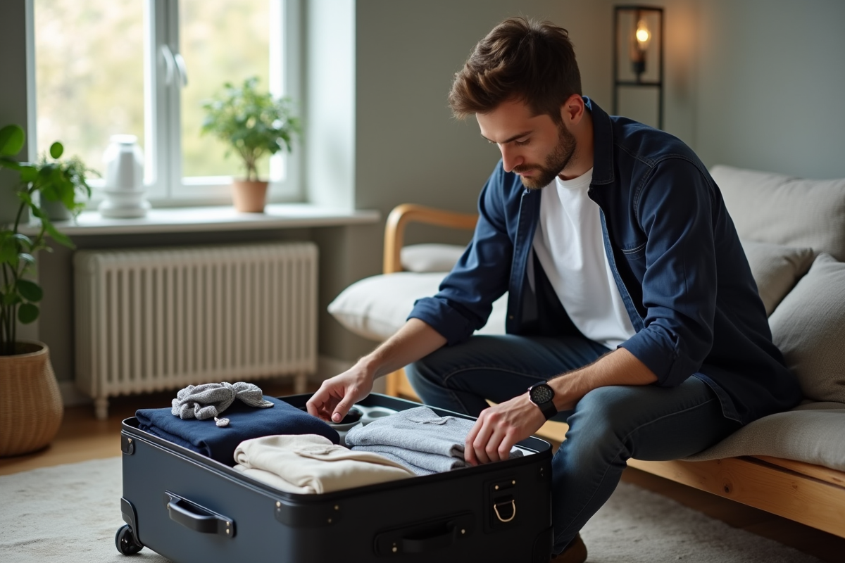 Homme préparant sa valise dans un salon moderne
