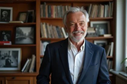 Homme parisien dans un appartement vintage avec livres et disques