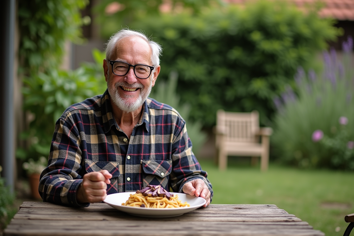 Homme âgé avec pâtes aux champignons dans un jardin