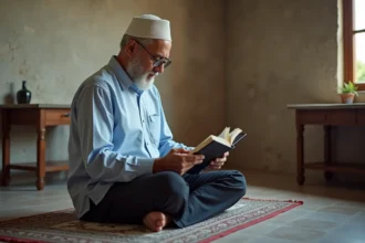 Musulman priant dans une maison calme et modeste