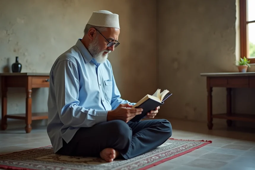 Musulman priant dans une maison calme et modeste