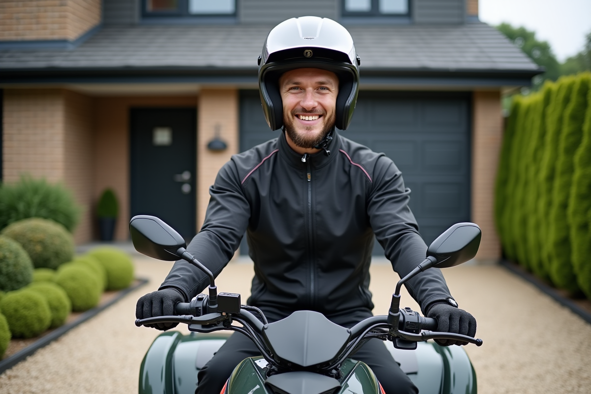 Homme souriant en tenue de pilotage sur un quad en driveway moderne