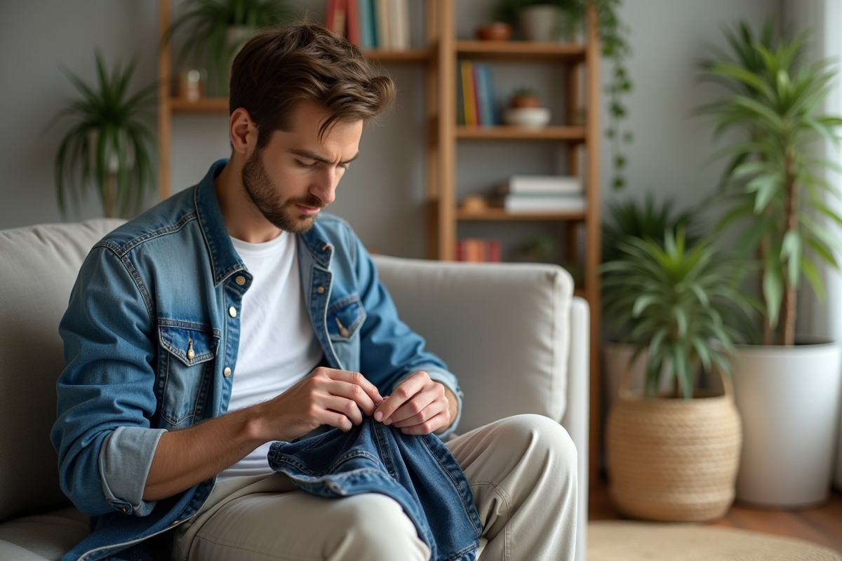 Jeune homme cousant une veste en denim dans son salon