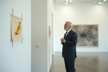 Homme en costume dans une galerie d'art observant une banane