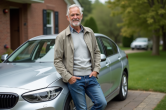 Homme souriant avec une voiture en banlieue