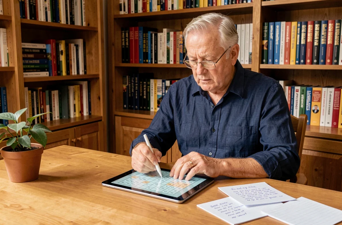 Homme âgé portant des lunettes de lecture résolvant un sudoku difficile sur tablette dans une bibliothèque