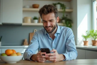 Homme dans la cuisine examine son smartphone