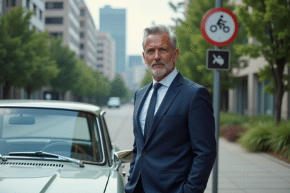 Homme en costume regardant un panneau de restriction 2030