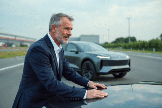 Homme d'âge moyen en costume examinant un SUV futuriste en extérieur