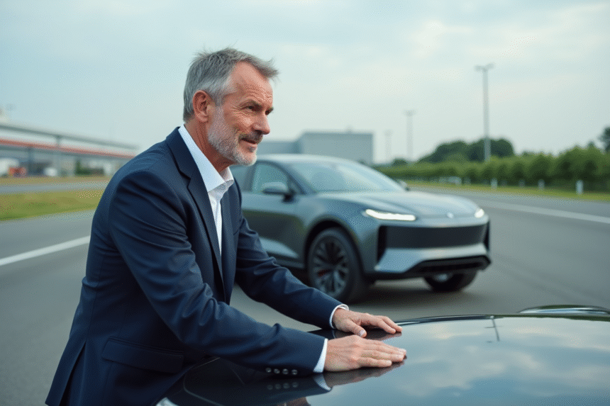 Homme d'âge moyen en costume examinant un SUV futuriste en extérieur