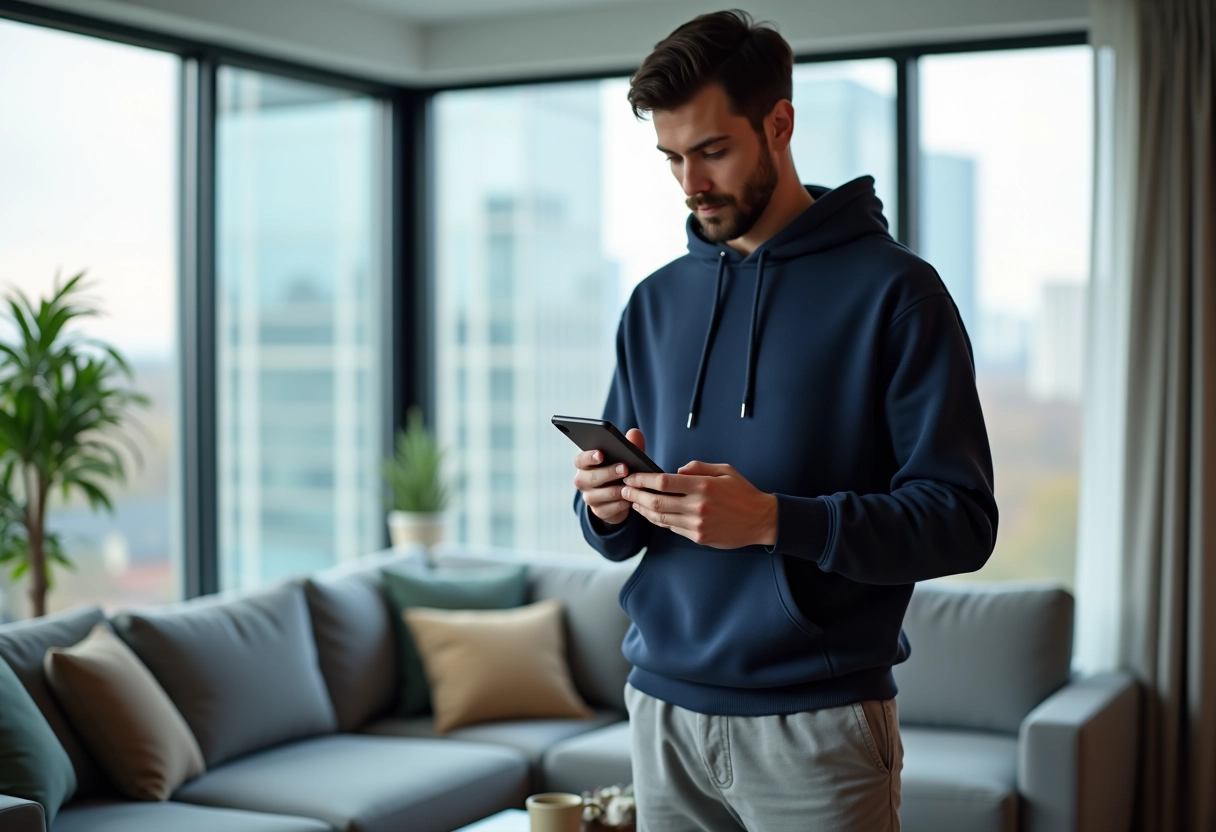 Jeune homme souriant utilisant son téléphone pour annuler un service