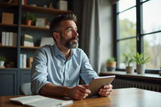 Homme d'âge moyen utilisant une tablette dans un bureau moderne