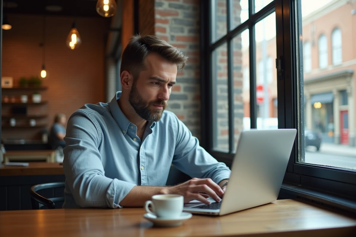 Homme concentré travaillant sur son laptop dans un café urbain