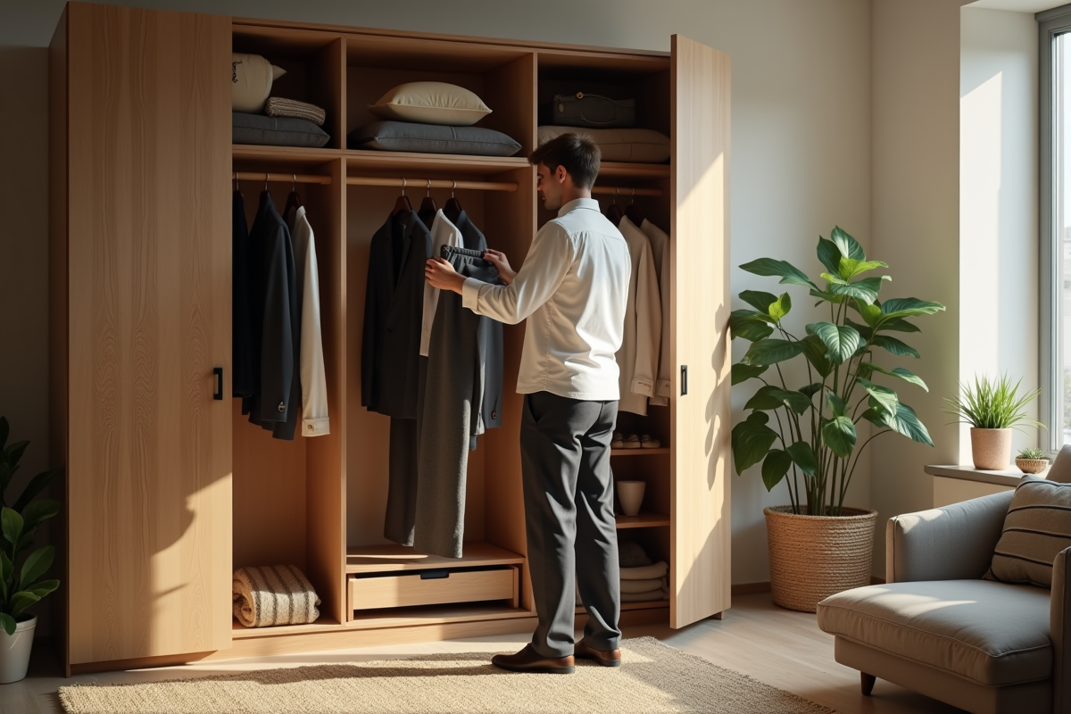 Homme vérifiant son vestiaire dans un appartement