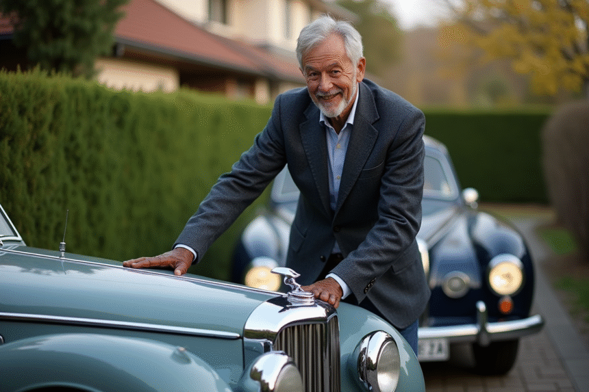 Homme d'âge moyen polissant une voiture vintage européenne
