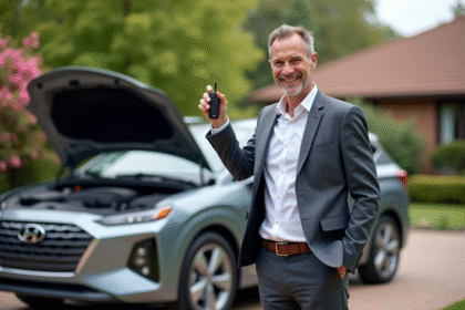 Homme d'âge moyen souriant à côté d'une voiture hybride en extérieur