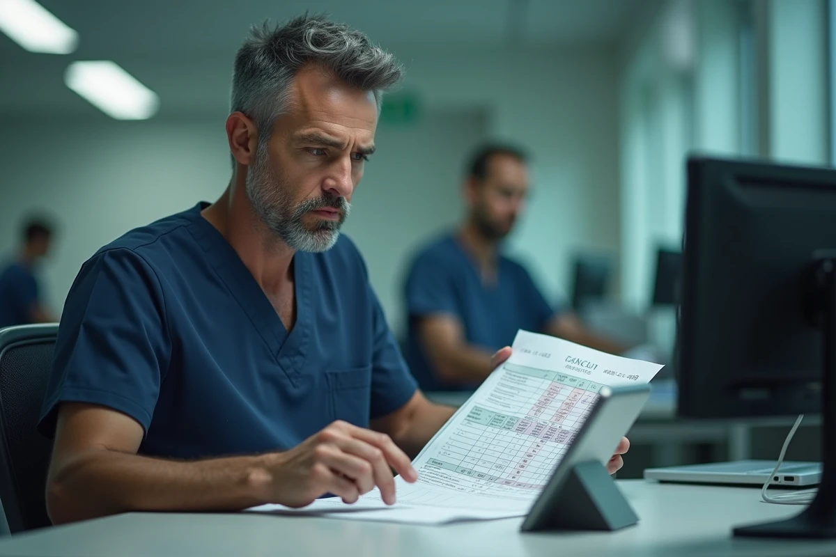 Infirmier comparant un tableau de dosage papier et une table de conversion ml sur tablette numérique en milieu hospitalier