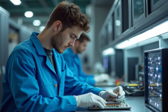 Jeune ingénieur en laboratoire assemble composants quantiques