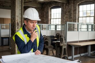 Ingénieur en usine examine plans et machines dans un environnement industriel