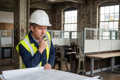 Ingénieur en usine examine plans et machines dans un environnement industriel