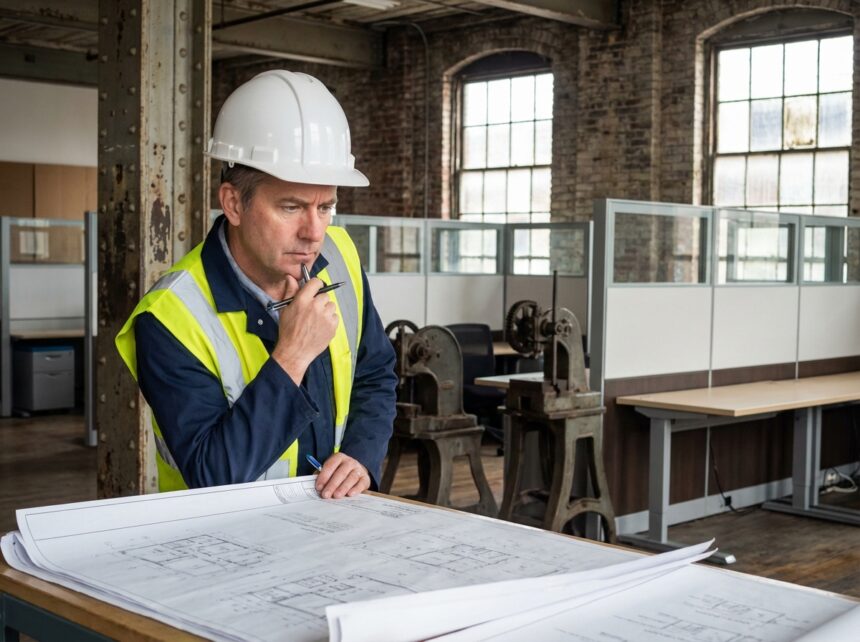 Ingénieur en usine examine plans et machines dans un environnement industriel