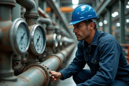 Ingénieur industriel lisant un manomètre affichant 69 PSI sur une canalisation en acier dans une usine
