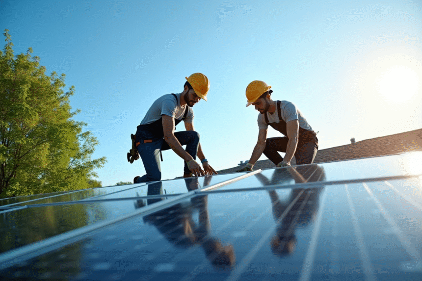 Travailleurs installant des panneaux solaires modernes sur un toit