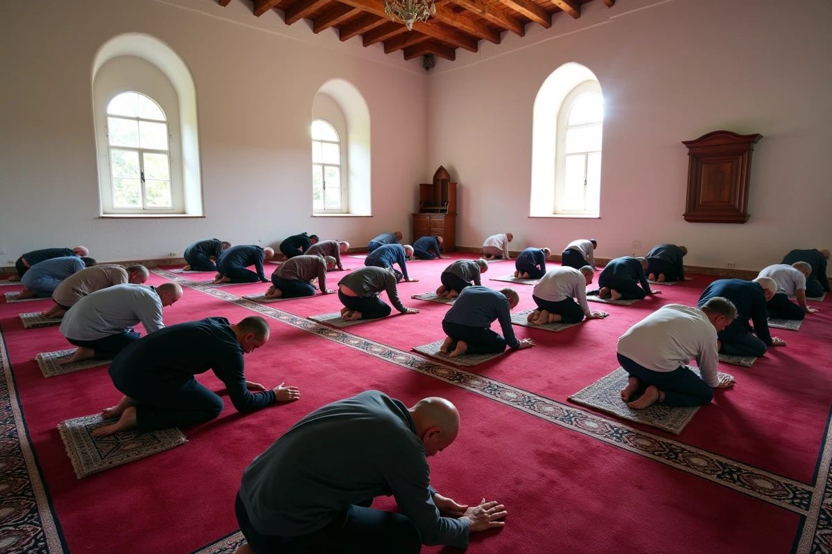 Intérieur d'une mosquée à Béziers avec fidèles en prière