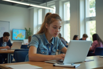Jeune adulte travaillant sur un ordinateur portable dans une salle lumineuse
