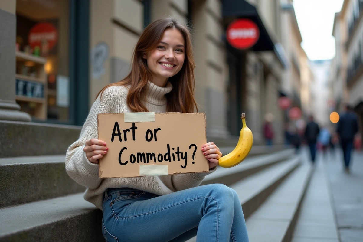 Jeune femme assise sur des marches avec une banane et panneau