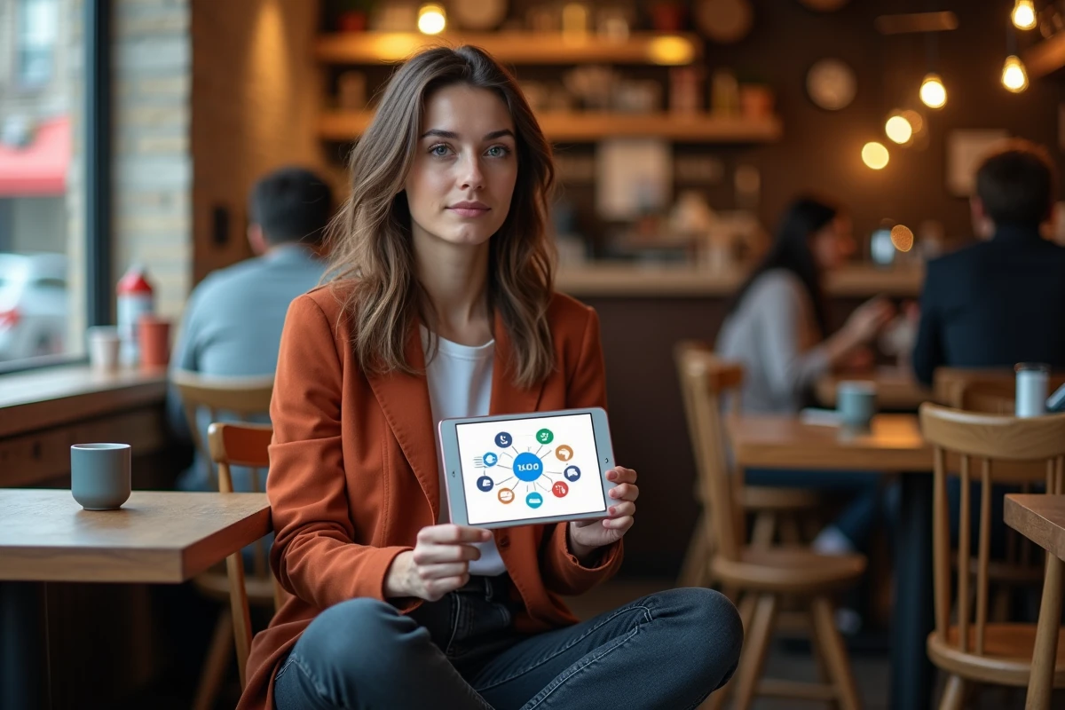 Jeune femme explorant une cartographie de blogs et réseaux sociaux sur tablette dans un café